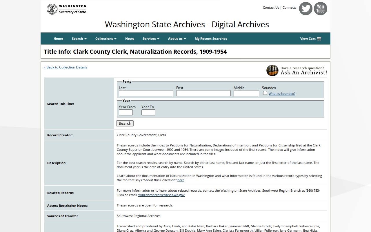 Vancouver people directories Clark County naturalization index
