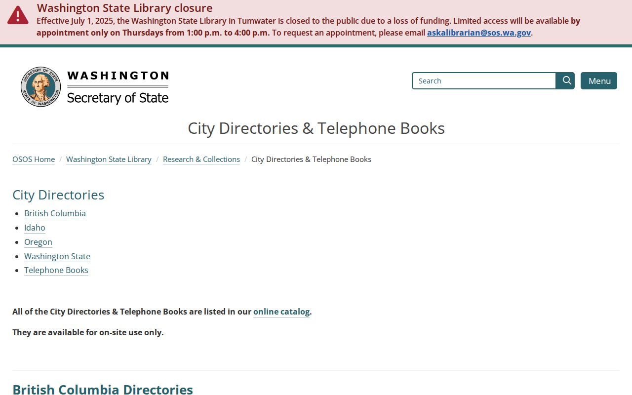 Vancouver people directories State Library city and telephone holdings